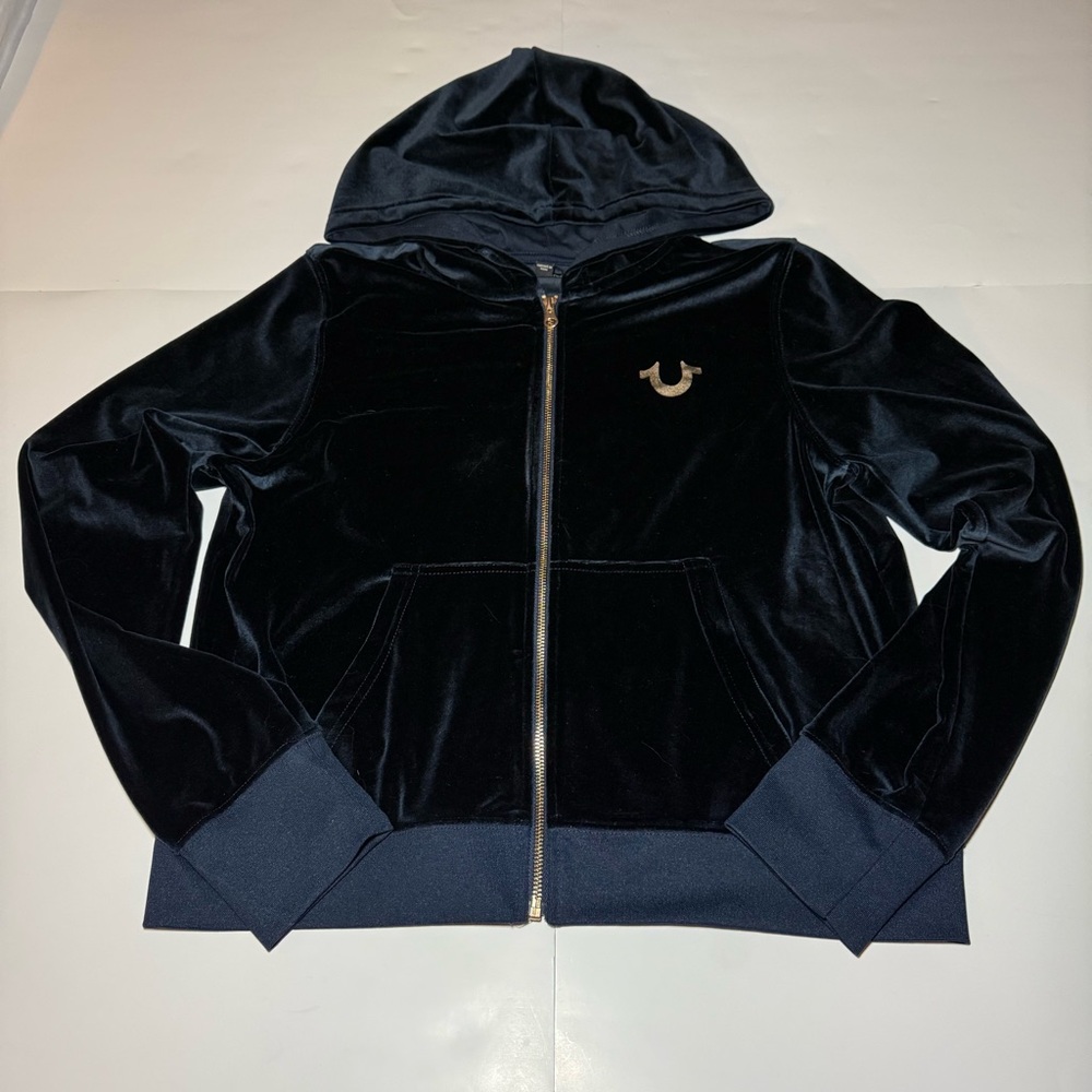 True Religion Dark Blue‎ Velvet Zip Hoodie with Gold Logo